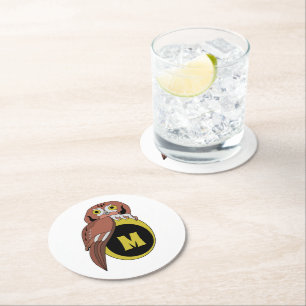 Whimsical Eastern Screech Owl Monogram Round Paper Coaster