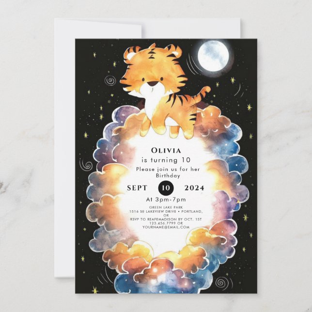 Whimsical Editable Tiger Birthday Invitation (Front)