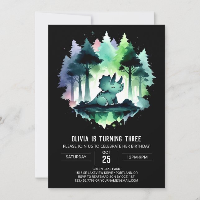 Whimsical Editable Triceratops Birthday Invitation (Front)