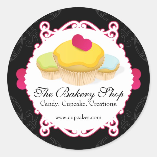 Whimsical & Elegant Cupcake Bakery Business Labels (Front)