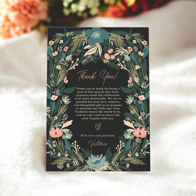 Whimsical Elegant Green Pink Floral Baby Shower Thank You Card (Whimsical Elegant Green Pink Floral Baby Shower Thank You Card)