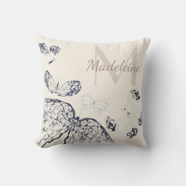 Whimsical Elegant Navy Lace Butterflies Monogram Cushion (Front)