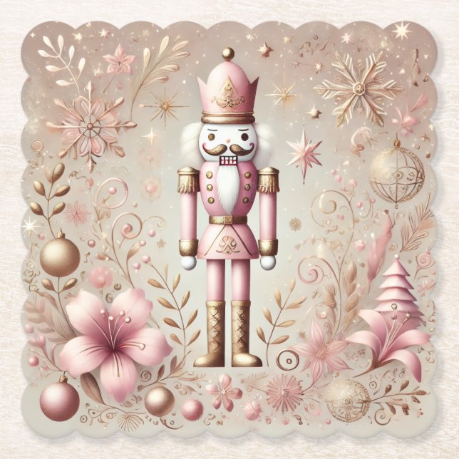 Whimsical Elegant Pink and Gold Pastel Nutcracker  Paper Coaster (Front)