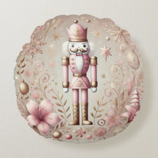 Whimsical Elegant Pink and Gold Pastel Nutcracker Round Cushion