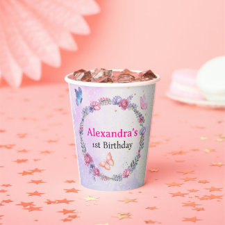 Whimsical Elegant Purple Pink Butterfly Floral Paper Cups