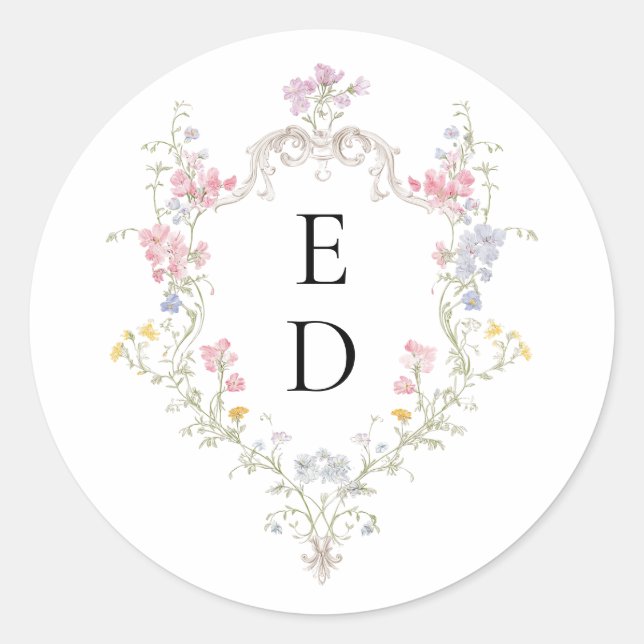 Whimsical Elegant Rococo Floral Crest Monogram Classic Round Sticker (Front)