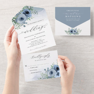 Whimsical Elegant Script Floral Dusty Blue Wedding All In One Invitation