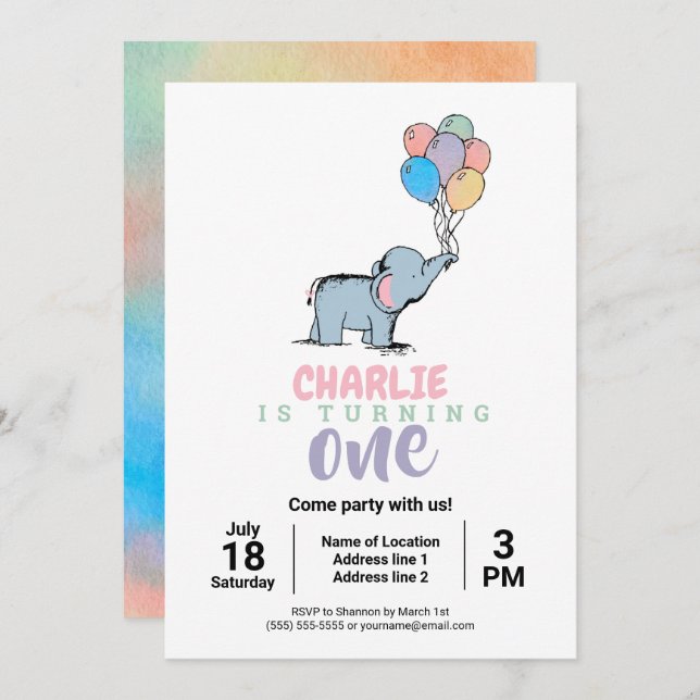 Whimsical Elephant and Balloons Birthday Invites (Front/Back)