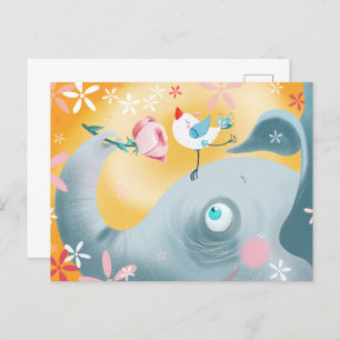 Whimsical Elephant and Bird Postcard
