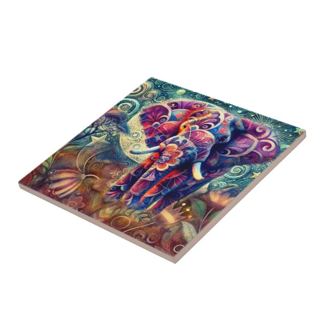 Whimsical Elephant at Night Blue Purple Stars Moon Ceramic Tile (Side)