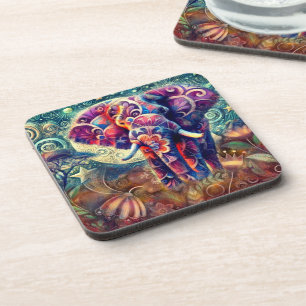 Whimsical Elephant at Night Blue Purple Stars Moon Coaster