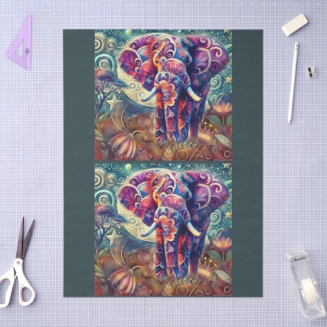 Whimsical Elephant at Night Stars Moon Decoupage Tissue Paper (Craft)