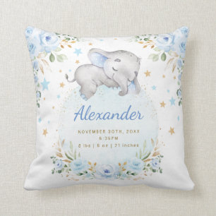Whimsical Elephant Blue Gold Floral Twinkle Stars Cushion