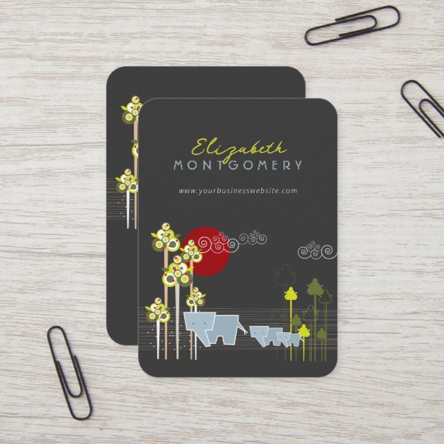 Whimsical Elephant Family In The Forest & Red Sun Business Card (Front/Back In Situ)