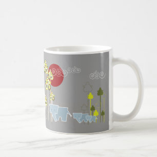 Whimsical Elephant Family In The Forest & Red Sun Coffee Mug