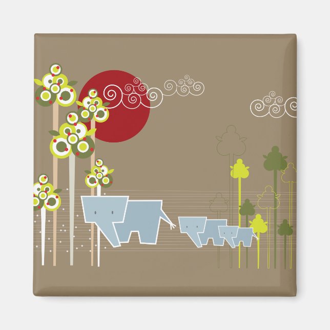 Whimsical Elephant Family In The Forest & Red Sun Magnet (Front)