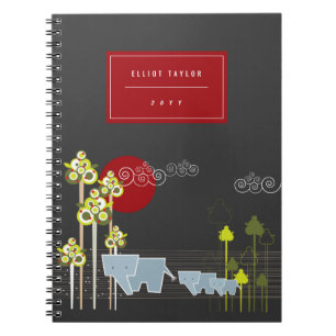 Whimsical Elephant Family In The Forest & Red Sun Notebook