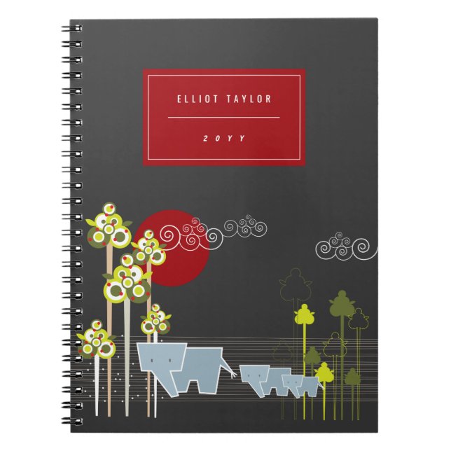 Whimsical Elephant Family In The Forest & Red Sun Notebook (Front)