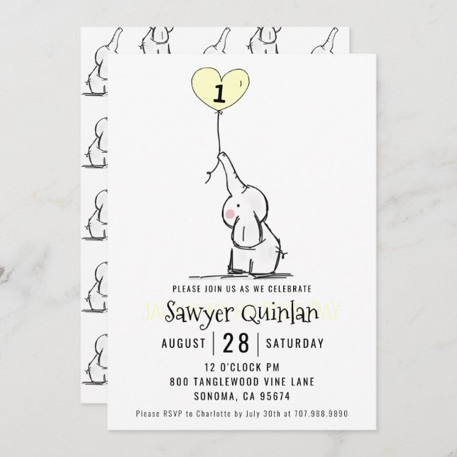 Whimsical Elephant First Birthday  Invitation (Front/Back)