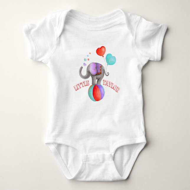 Whimsical elephant grey circus watercolor name baby bodysuit (Front)