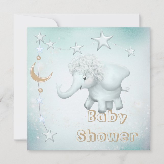 Whimsical Elephant, Moon & Stars Baby Shower Invitation (Front)
