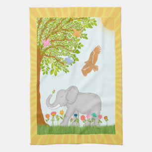 Whimsical Elephant Nature Scene Illustration Tea Towel