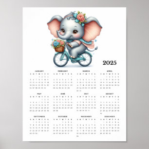 Whimsical Elephant on a Bicycle 2025 Wall Calendar Poster
