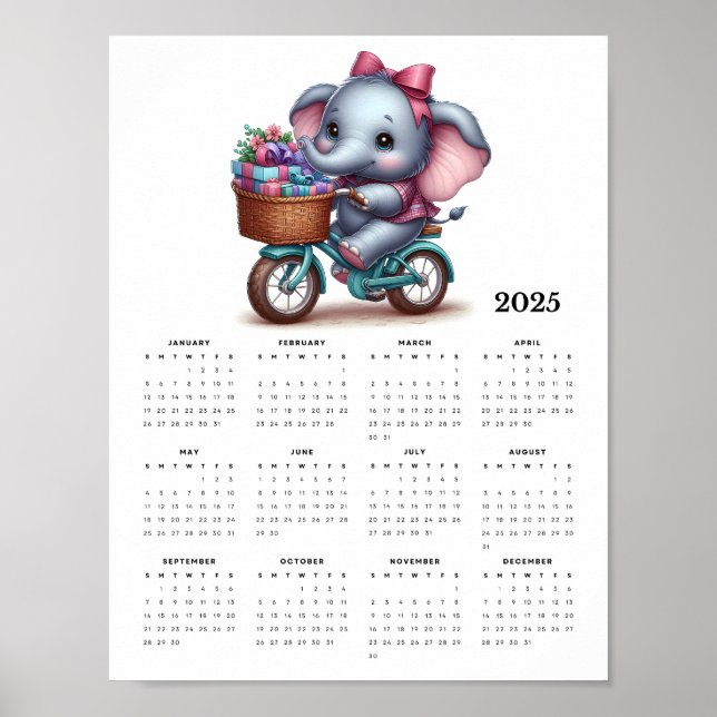 Whimsical Elephant on a Bicycle 2025 Wall Calendar Poster (Front)