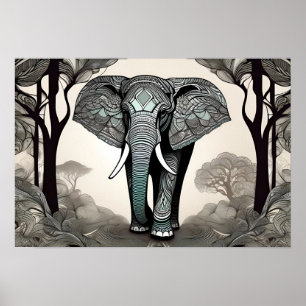 Whimsical Elephant Sketch - Black & White with a  Poster