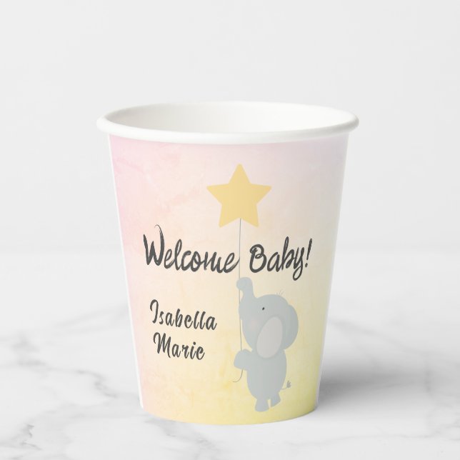 Whimsical Elephant Welcome Baby Paper Cups (Front)
