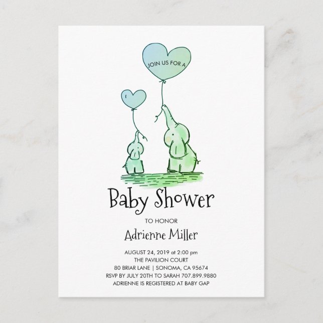 Whimsical Elephants and Balloons Baby Boy Shower Invitation Postcard (Front)