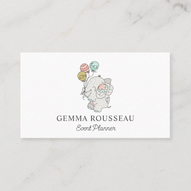 Whimsical Elephants Balloons Kids Event Planner Business Card (Front)