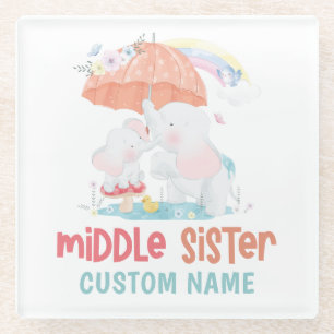 Whimsical Elephants Middle Sister Custom Name Glass Coaster