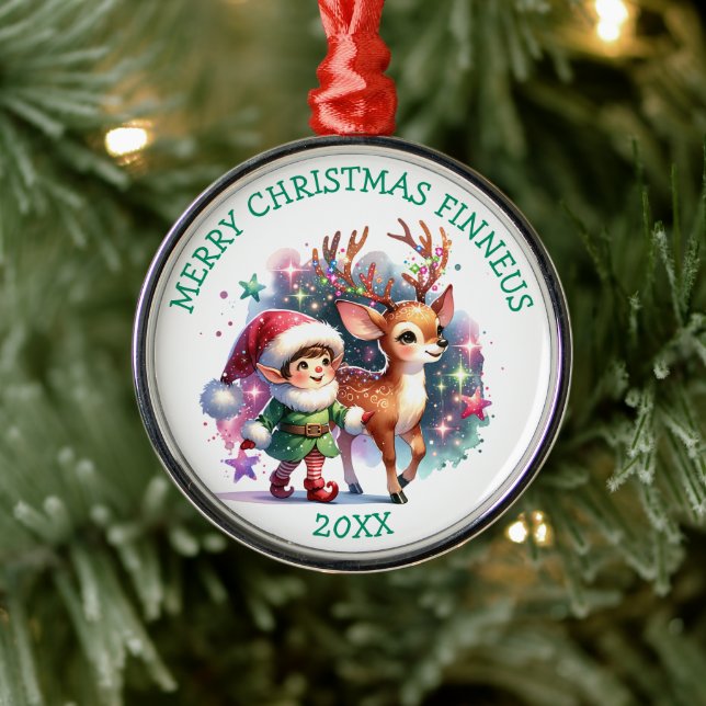 Whimsical Elf and Reindeer Christmas Personalised Metal Ornament (Tree)