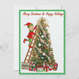 Whimsical Elf Climbing Ladder to Tree Holiday Card