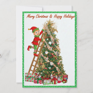 Whimsical Elf Climbing Ladder to Tree  Holiday Card