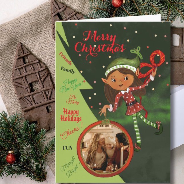 Whimsical Elf Girl Photo Christmas Card | Green (Whimsical Elf Girl Photo Christmas Card  Green)