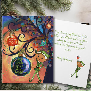 Whimsical Elf Holding Gift & Bird Christmas Card