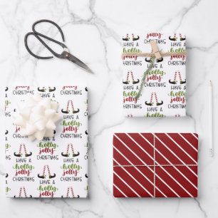 Whimsical Elf HOLLY JOLLY CHRISTMAS Red Green Wrapping Paper Sheet