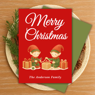 Whimsical Elves Wrapping Christmas Presents Holiday Card