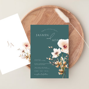 Whimsical Emerald Green Pink Wildflowers Wedding Invitation