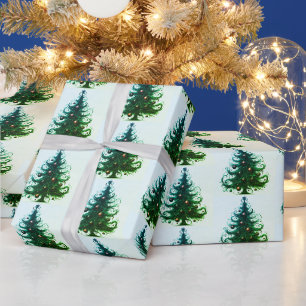 Whimsical Emerald Swirl Christmas Trees Wrapping Paper