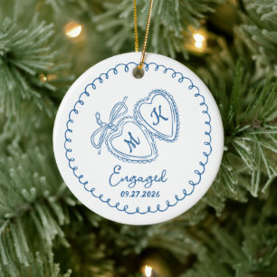 Whimsical Engaged Couple Blue Hearts Trendy Doodle Ceramic Ornament