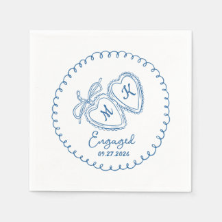 Whimsical Engaged Couple Blue Hearts Trendy Doodle Napkin