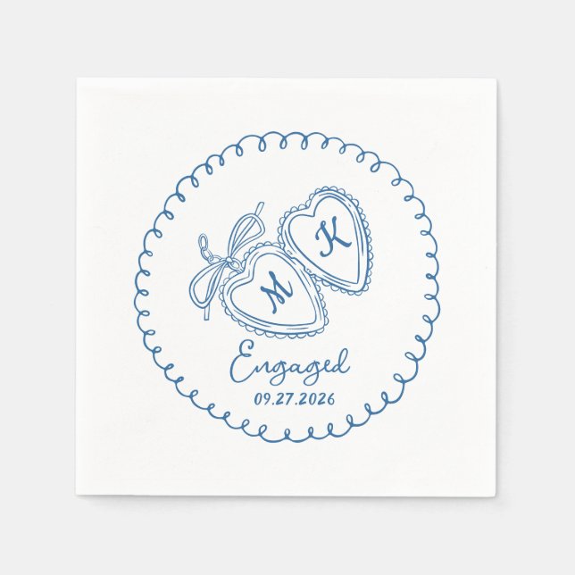 Whimsical Engaged Couple Blue Hearts Trendy Doodle Napkin (Front)