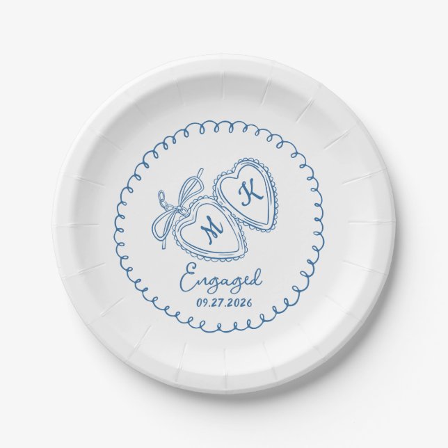 Whimsical Engaged Couple Blue Hearts Trendy Doodle Paper Plate (Front)