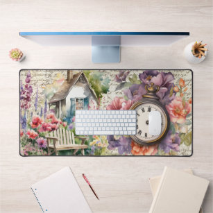 Whimsical English Cottage House Flowers Watch Desk Mat