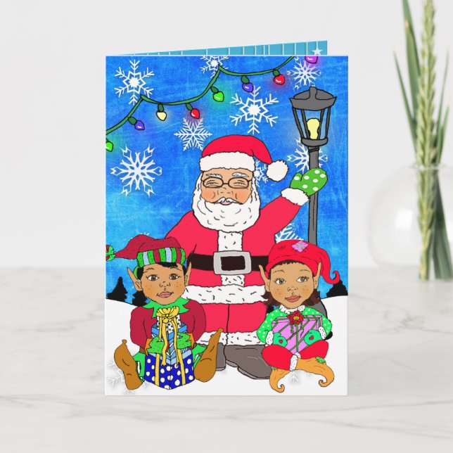 Whimsical Ethnic Santa and Elves Christmas Card (Front)