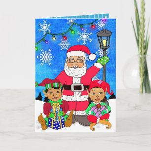Whimsical Ethnic Santa and Elves Christmas Card