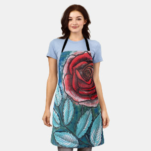 Whimsical Expressionist Red Rose Teal Leaves Apron